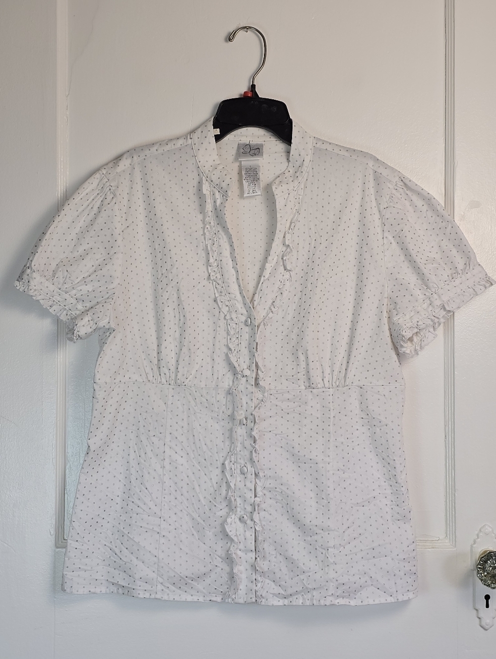 Fashion Bug White and Silver Polka Dot Coquette Cottagecore Fitted Blouse L